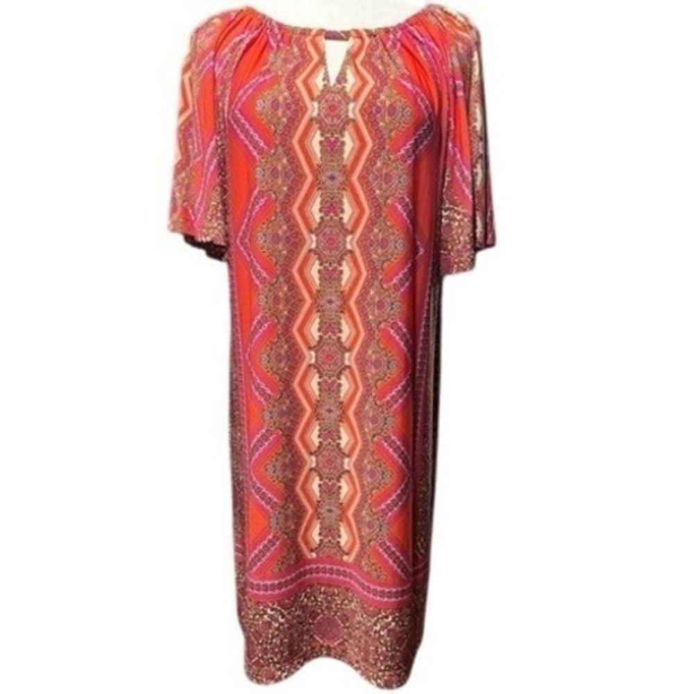 Chico's Dress Womens 1 Medium Orange Pink‎ Medallion Boho Resort Shift New